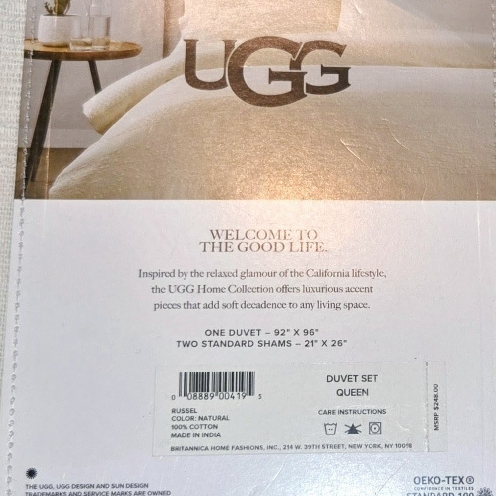 3 pc Ugg Queen Duvet Cover RUSSEL & Shams Set Natural Cotton Factory Folded New